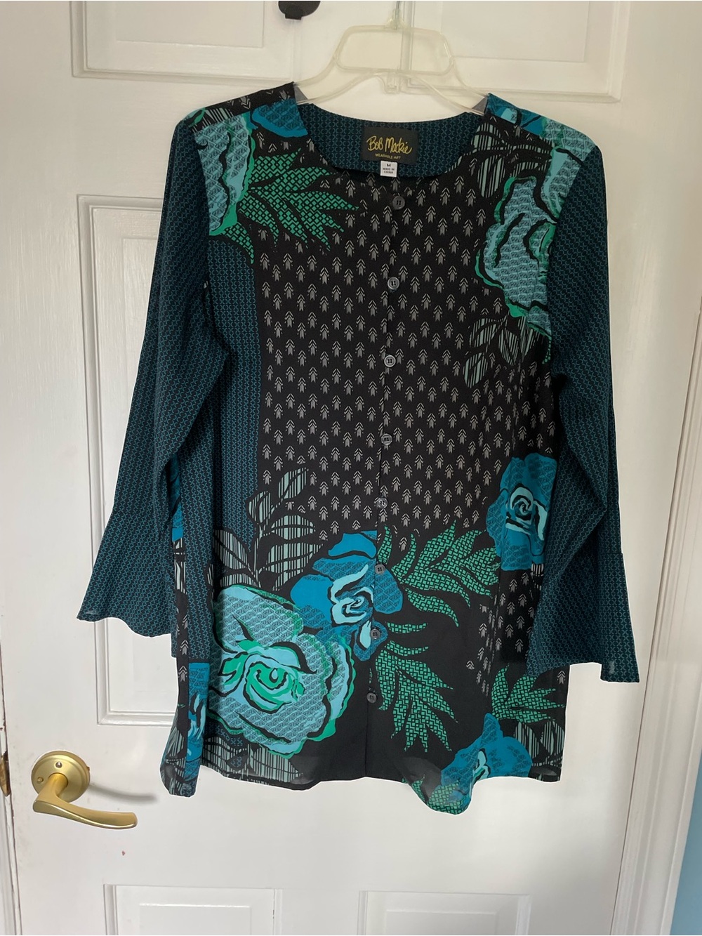 Bob Mackie Black Top with Teal & Green Floral Print